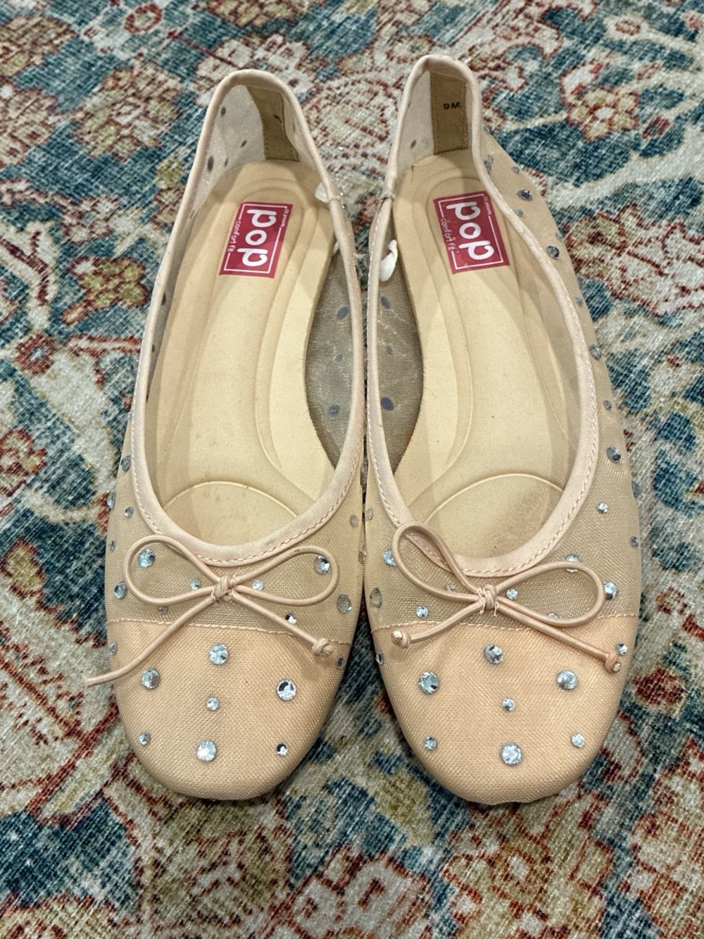 pop Nude Rhinestone Bow Ballet Flats